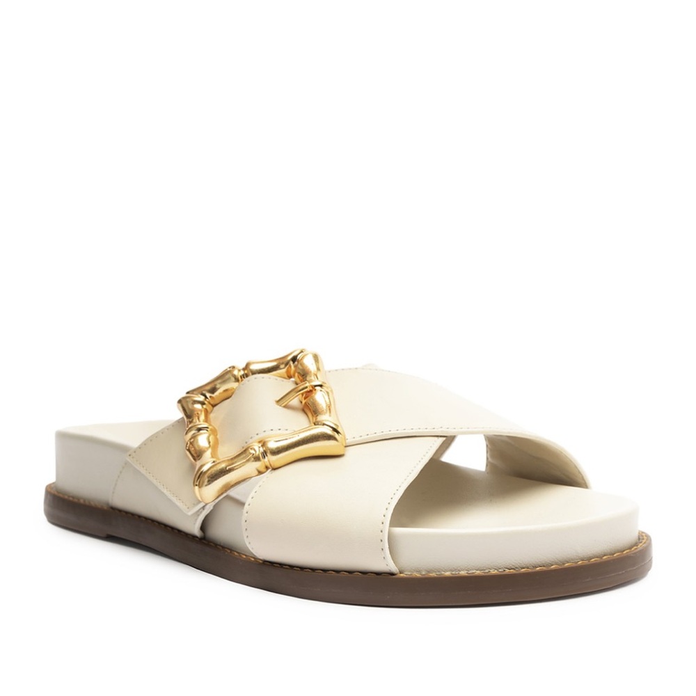 Schutz Enola Crisscross Buckle Leather Sandals White Gold buckle slides Size 7.5 - Picture 9 of 11